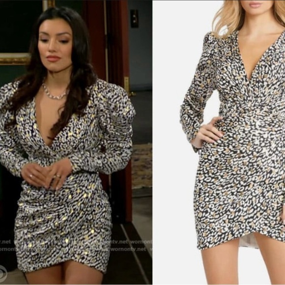 Mac Duggal Long Sleeve Animal Print Mini Dress V-neck Fitted Womens 0 - Picture 1 of 12
